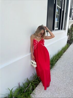SundayUp Fish Inspired Red Maxi Dress with White Embroidery